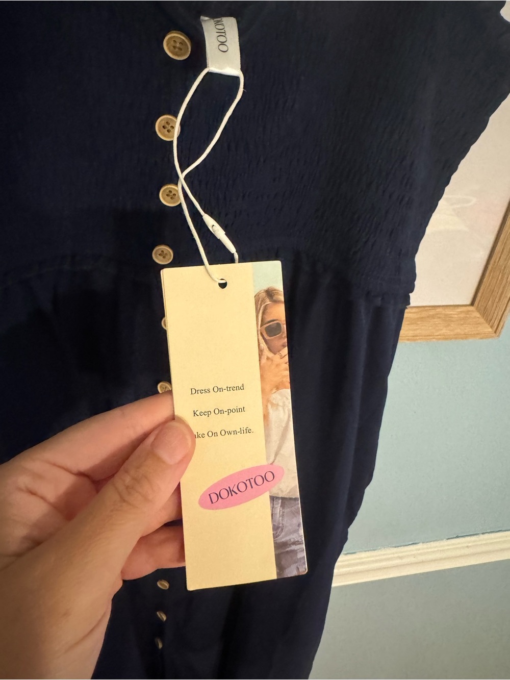 Women’s Navy Button-Front Maxi Dress with Smocked Bodice - Picture 2 of 5